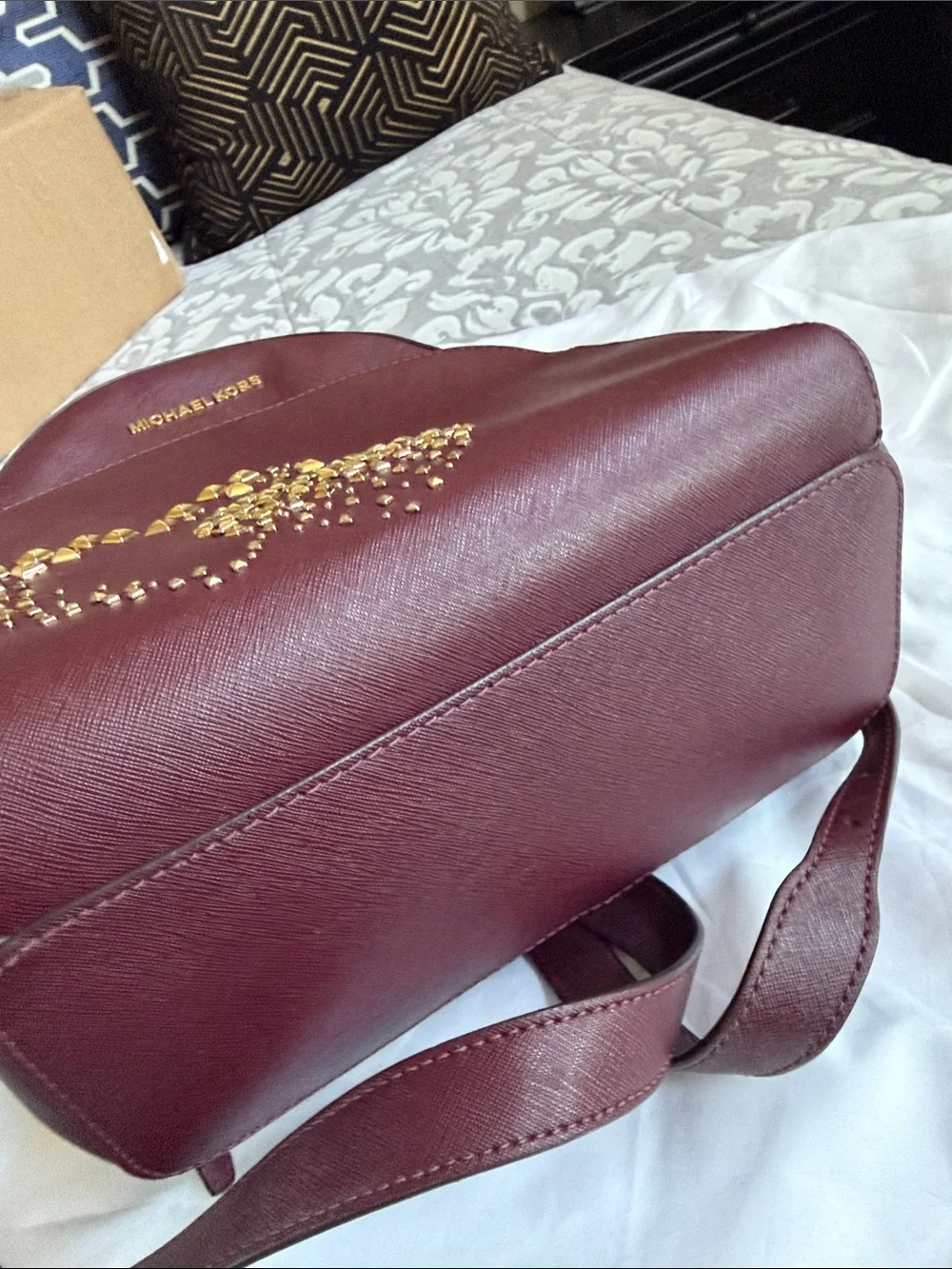 Michael Kors Plum Saffiano Mini Backpack with Gold Stud Hearts